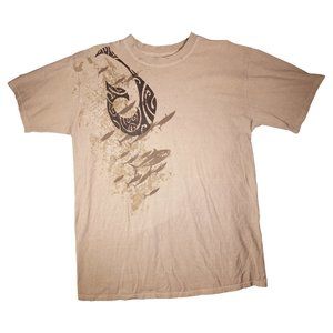 Hawaiian Shark and Fishhook Tshirt, Men's Size Large, Tan/Black, Crazy T-shirts